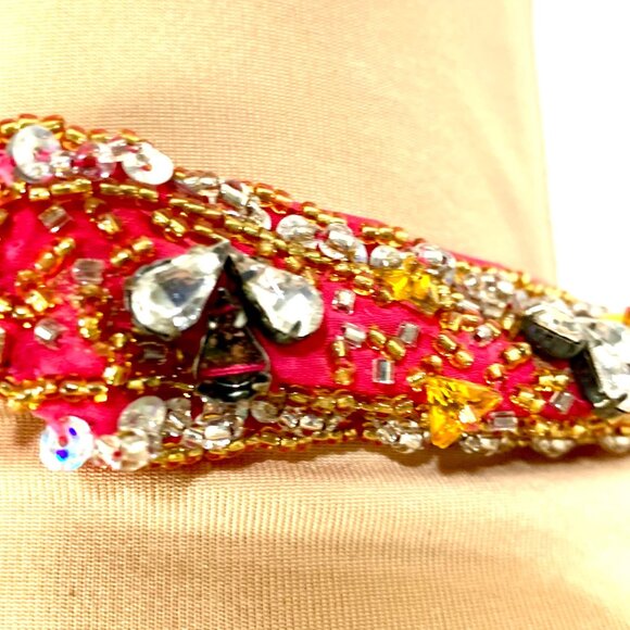 Gold & Pink Halter Formal Ball Gown Beaded Bodice Lace-Up Corset Back Kiss Kiss - Picture 11 of 14